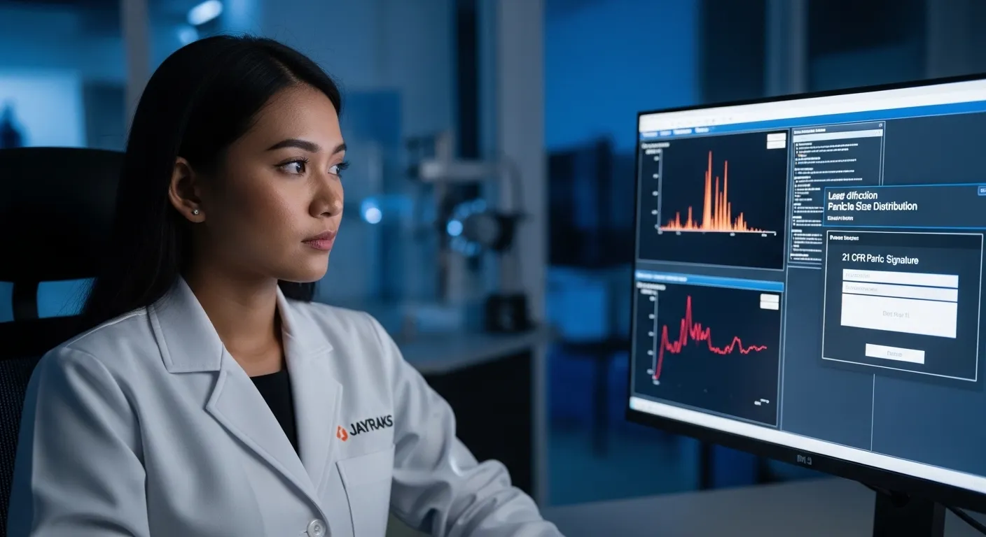 Antarmuka software yang terkunci menampilkan log audit trail anti-manipulasi untuk kepatuhan regulasi FDA