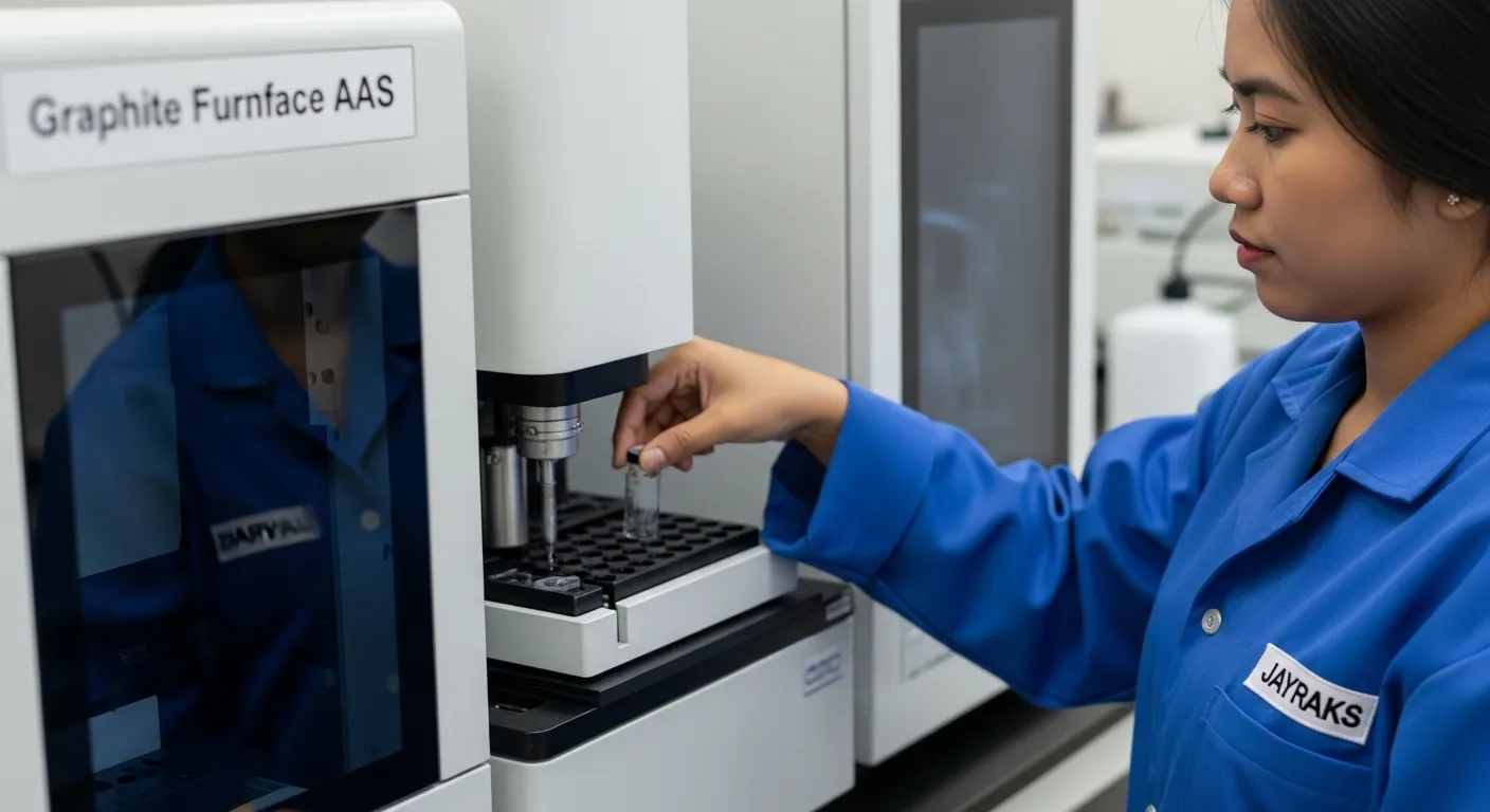 Tampilan utuh unit Atomic Absorption Spectrometer AAS High-end Furnace dengan material perlindungan kokoh (polypropylene) di laboratorium pengujian