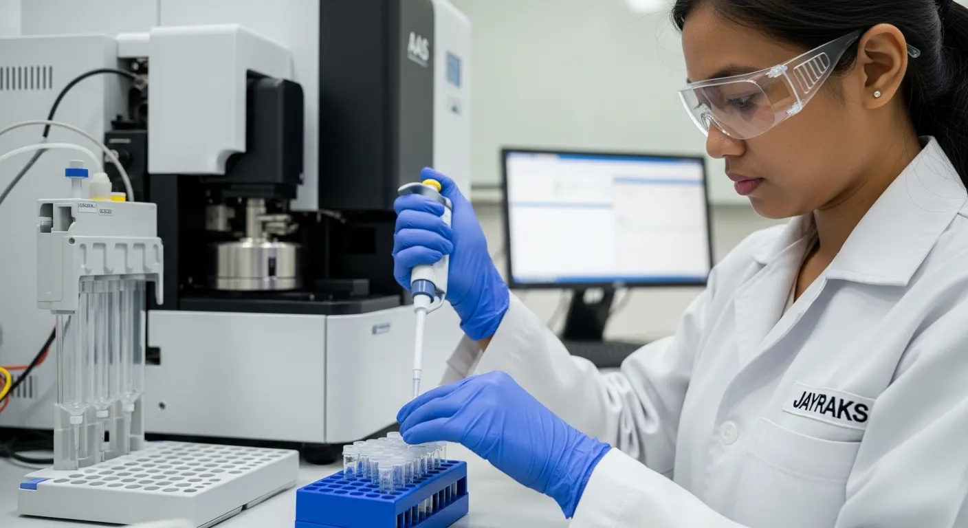 Application scientist dari PT JAYRAKS memberikan pelatihan pengujian spektroskopi atomik kepada analis