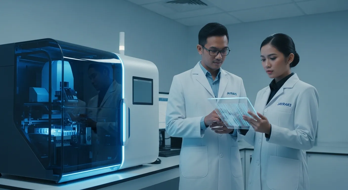 Unit instrumen Vendor Automated DNA Sequencer NGS berteknologi tinggi di dalam laboratorium genetika PT JAYRAKS
